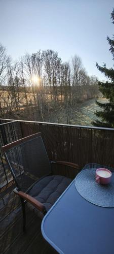 a table and chair on a deck with a view of a river at Apartmán Nest Brčálník in Železná Ruda