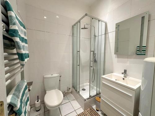 een badkamer met een douche, een toilet en een wastafel bij Le Studio 3, Calme & Cosy à 2 Pas de Stanislas in Nancy