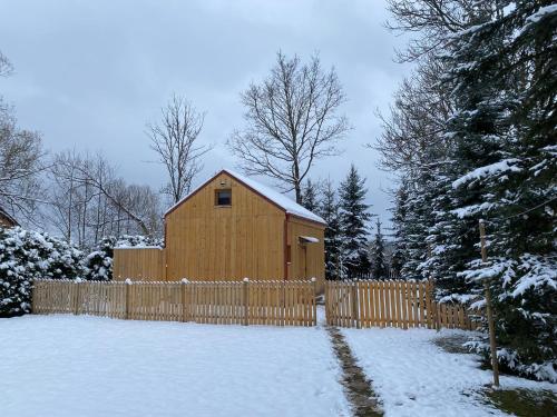 een houten schuur met een hek in de sneeuw bij Physio House Sokolik in Komarno