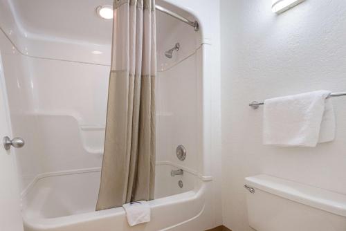 a white bathroom with a shower and a toilet at Motel 6-Mesa, AZ - South in Mesa