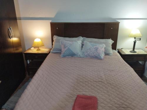 een slaapkamer met een groot bed met kussens en 2 lampen bij Palermo Candombe House in Montevideo