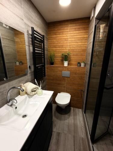 a bathroom with a sink and a toilet in it at The Caesar Stay in Caesarea