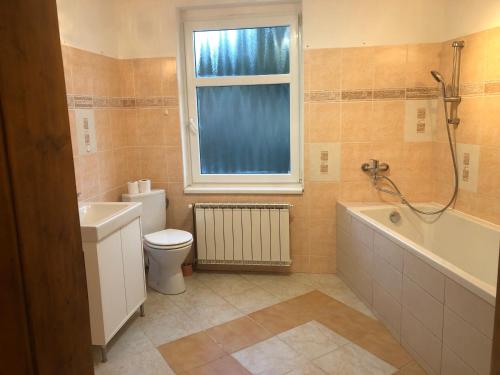 bagno con servizi igienici, vasca e finestra di Penzion Apollón a Liberec