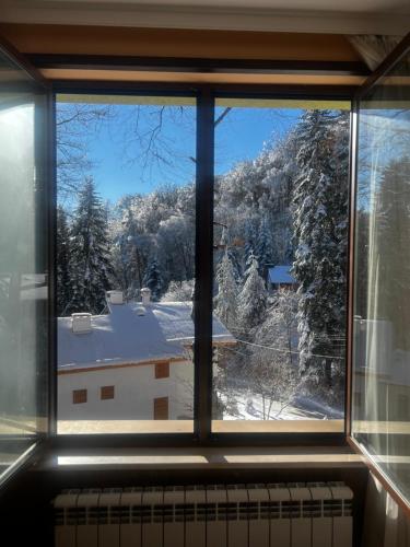 een raam met uitzicht op een met sneeuw bedekte tuin bij Фокс Хаус FOX HOUSE in Peshtera
