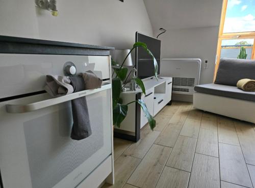 Zimmer mit einem Schreibtisch und einem Stuhl in einem Zimmer in der Unterkunft Apartament Dolina Baryczy Milicz in Milicz