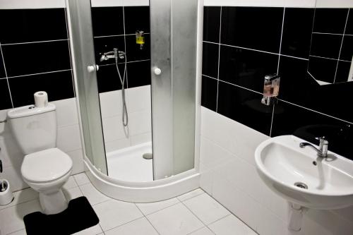 ヴェルキー・メデルにあるMotel Görfölのバスルーム(シャワー、トイレ、シンク付)