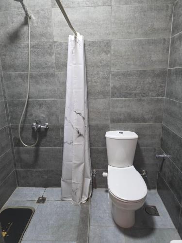a bathroom with a toilet and a shower curtain at 2 Bedroom Duplex - Hurghada in Hurghada