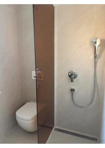 a bathroom with a toilet and a shower stall at Atelier K7 in Žilina