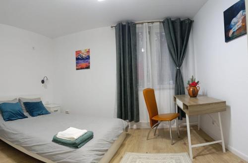 a small bedroom with a bed and a desk at Apartament Karina in Baia Mare