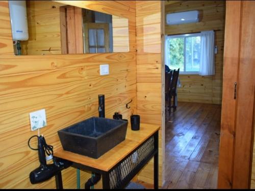 a kitchen with a sink in a wooden wall at Cabañas Campos del Parana in San Pedro
