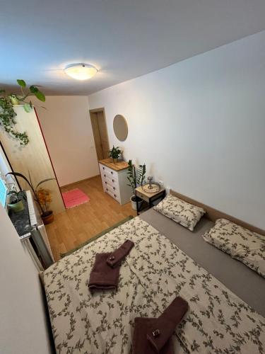ein Zimmer mit einem Bett, auf dem zwei braune Schuhe liegen in der Unterkunft Green Garden Home in Cerknica