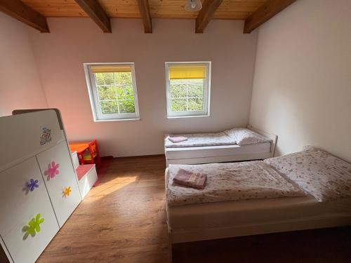 a bedroom with two beds and two windows at Medová chaloupka in Černá Voda