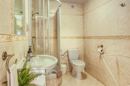 een badkamer met douche, wastafel en toilet bij Apartament I Chochołów 162c in Chochołów