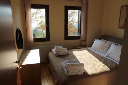 a bedroom with two towels on a bed with two windows at Villa Milea in Milies Pelion in Mileai