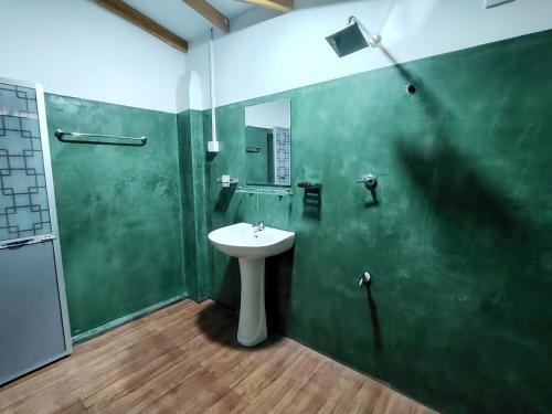 a green bathroom with a sink and a shower at Villa Hide Out in Busse