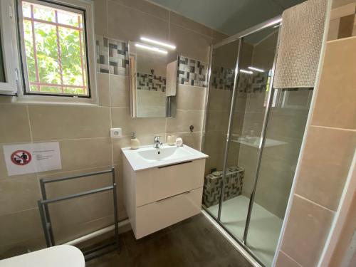 a bathroom with a sink and a shower at Mas de la Vieille Vigne in Argelès-sur-Mer