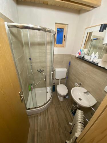 een badkamer met een douche, een toilet en een wastafel bij Planinska Vikendica SP Jahorina in Bistrica