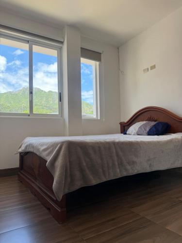 ein Schlafzimmer mit einem großen Bett mit zwei Fenstern in der Unterkunft Quiet Haven Terrace with BBQ Hammock in Vilcabamba