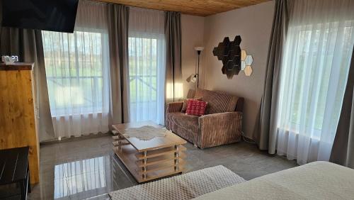 een woonkamer met een stoel en een tafel bij Burziņi in Kuldīga