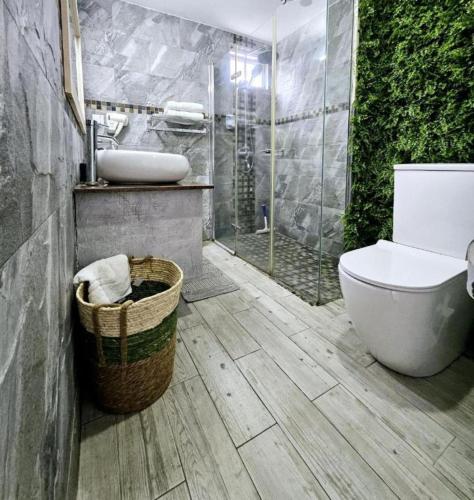 a bathroom with a toilet and a shower and a sink at Ocean Villas Apart Hotel in Grand-Baie