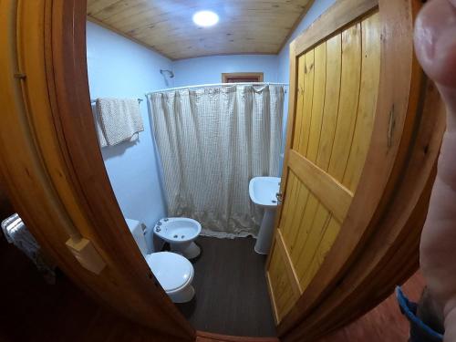 a small bathroom with a toilet and a sink at Cabaña Natural Del Bosque in Victoria