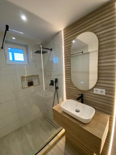 a bathroom with a sink and a mirror and a shower at Central Nest in Tecuci