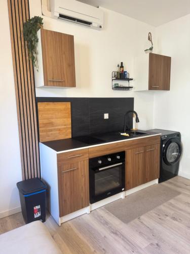 een keuken met een wastafel en een vaatwasser bij Modern suite with private Jacuzzi garden in Toulon