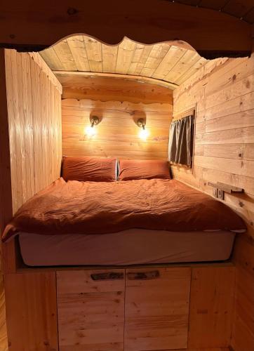 a bed in a wooden cabin with lights on it at Chicken roulotte des 3 cèdres in Cavaillon