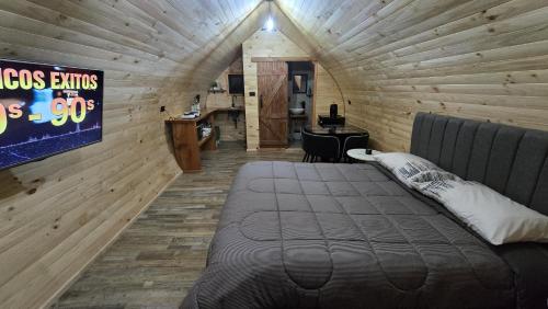 a bedroom with a bed in a wooden room at Tiny House in Trape