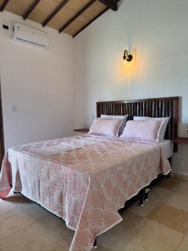 AcaraúCasa na lagoa的卧室里有一张大床，上面铺着粉色毯子