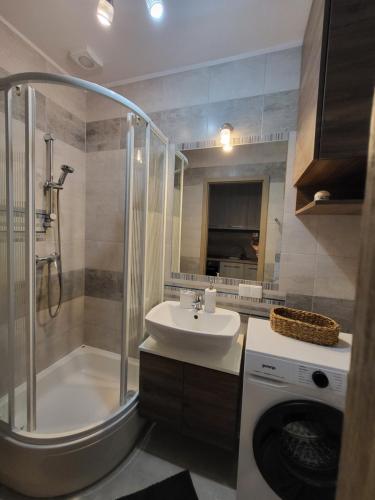 a bathroom with a sink and a shower and a washing machine at Apartament Nowomiejski in Nowe Miasto Lubawskie
