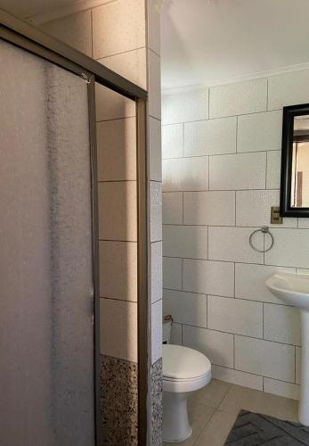 een badkamer met toilet en wastafel bij Cabaña sector centro Villarrica in Villarrica
