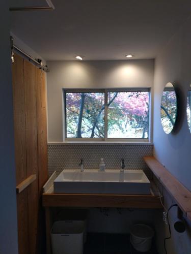 un bagno con un grande lavandino e una finestra di Nemurupa Garden Hostel & Yoga a Narita