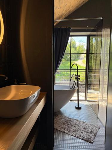 een badkamer met een bad en een groot raam bij Amber Hills Romania in Braşov