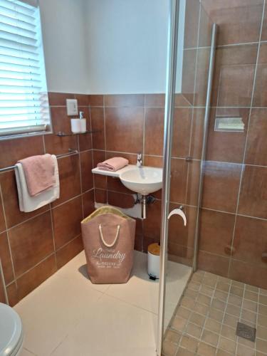 a small bathroom with a sink and a shower at Flanders South Cottage in Gqeberha