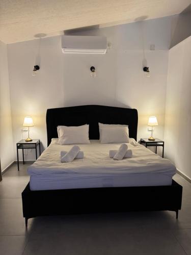 een slaapkamer met een groot bed met twee nachtkastjes bij וילה סאן טורינו - Vila San Torino in Elqosh