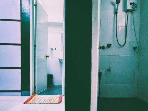 Green Turtle Backpackers Guesthouse, Puerto Princesa في مدينة بورتوبرنسس: حمام مع دش ومغسلة ومرحاض