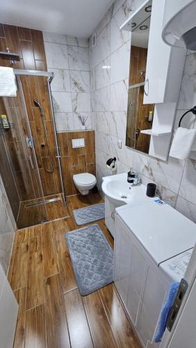 a bathroom with a shower and a toilet and a sink at Stan na dan Jović in Modriča