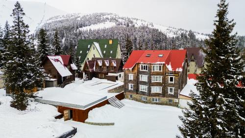 eine Stadt mit schneebedeckten Gebäuden und einem Berg in der Unterkunft Gremi Hotel in Drahobrat