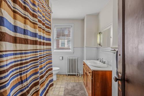 een badkamer met een wastafel en een douchegordijn bij Aunt Bea's Bungalow - Pet Friendly - Hot Tub - Screen Porch - Wifi - Fenced Yard - King Bed - Town in Berkeley Springs