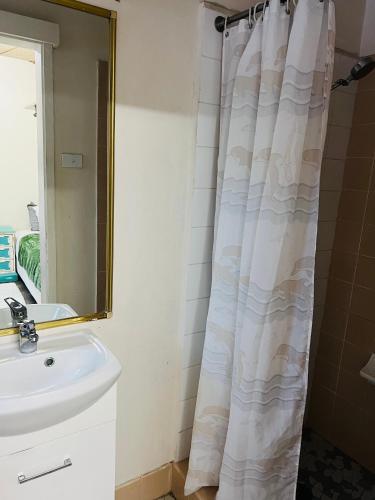 a bathroom with a sink and a shower curtain at Ettalong Beach motel in Ettalong Beach