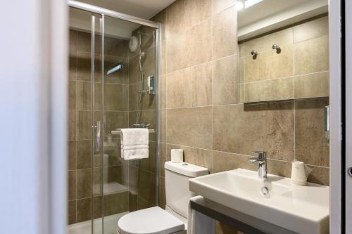 a bathroom with a toilet and a sink and a shower at Hôtel le Saint Nicolas in Riquewihr