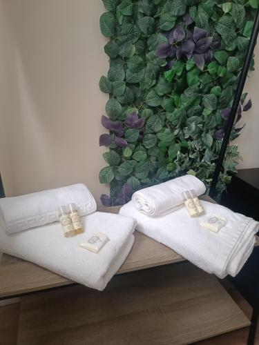 two towels sitting on a table with a flower wall at Lemago Porto Apartments - Bonjardim in Porto
