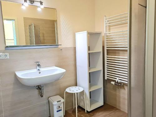 a bathroom with a sink and a mirror at Ferienwohnung Seestern Suite im Haus Sonnensegler in Thiessow