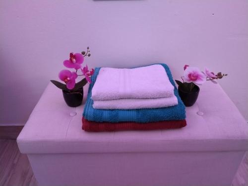 een paarse tafel met een handdoek en bloemen erop. bij Charmant appart in Fort-de-France