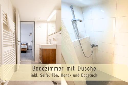une salle de bain avec douche et lavabo dans l'établissement Gemütliche Souterrainwohnung mit gratis Parkplatz, à Saint-Gall