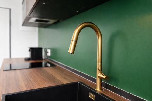 un lavello da cucina con un rubinetto in ottone su una parete verde di Maison Gucci a Milano