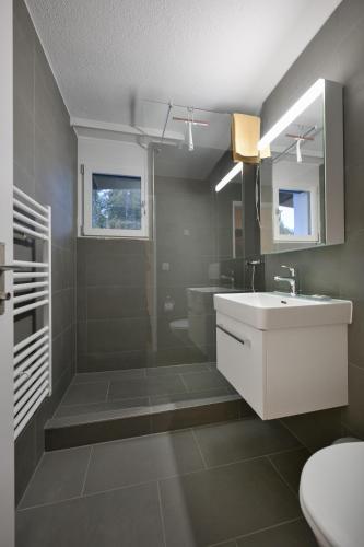 a bathroom with a sink and a shower and a toilet at Zuhause in den Alpen Ihre Ferienwohnung mit Hallenbad und Sauna in Lenzerheide