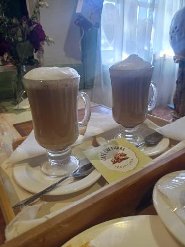 two cups of coffee sitting on a tray with plates at Departamento Vintage in Colbún