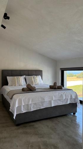 a bedroom with a large bed with a large window at ZOSANA Villa in Kallithea Halkidikis